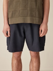 Navy Blue Cotton Linen Cargo Shorts - Image 2 of 10
