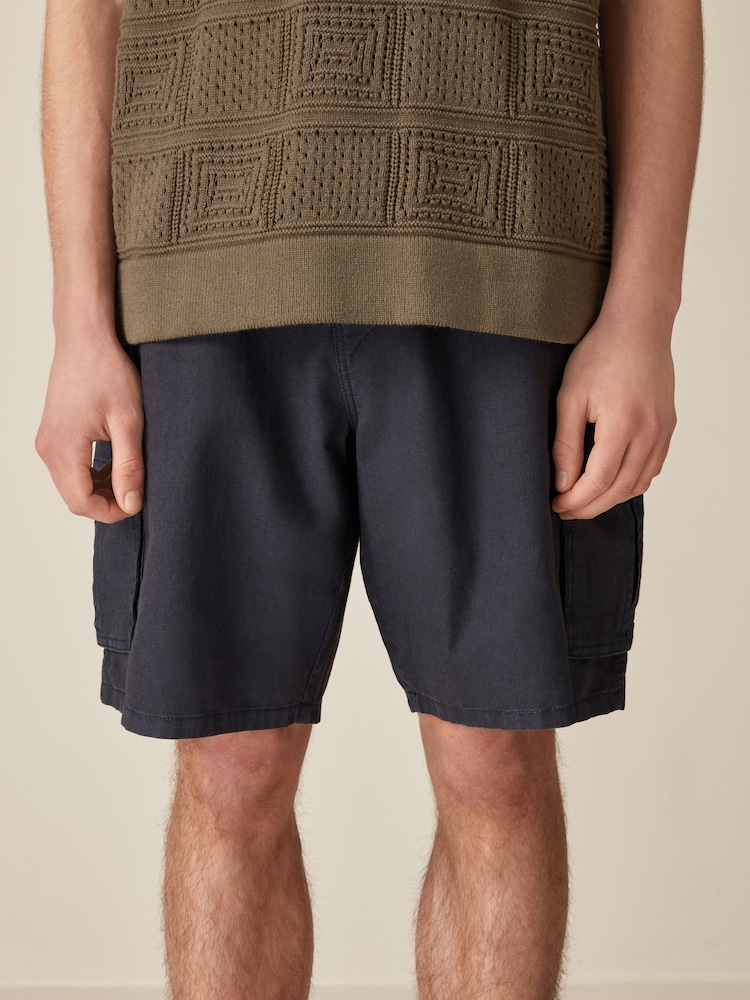 Navy Blue Cotton Linen Cargo Shorts - Image 2 of 10