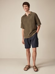 Navy Blue Cotton Linen Cargo Shorts - Image 3 of 10