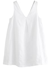 White Linen Blend V-Neck Summer Mini Dress - Image 6 of 7