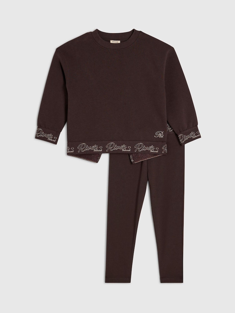 بني - طقم من سويت شيرت بحزام خصر وبنطلون ضيّق من River Island - صورة 1 من 5