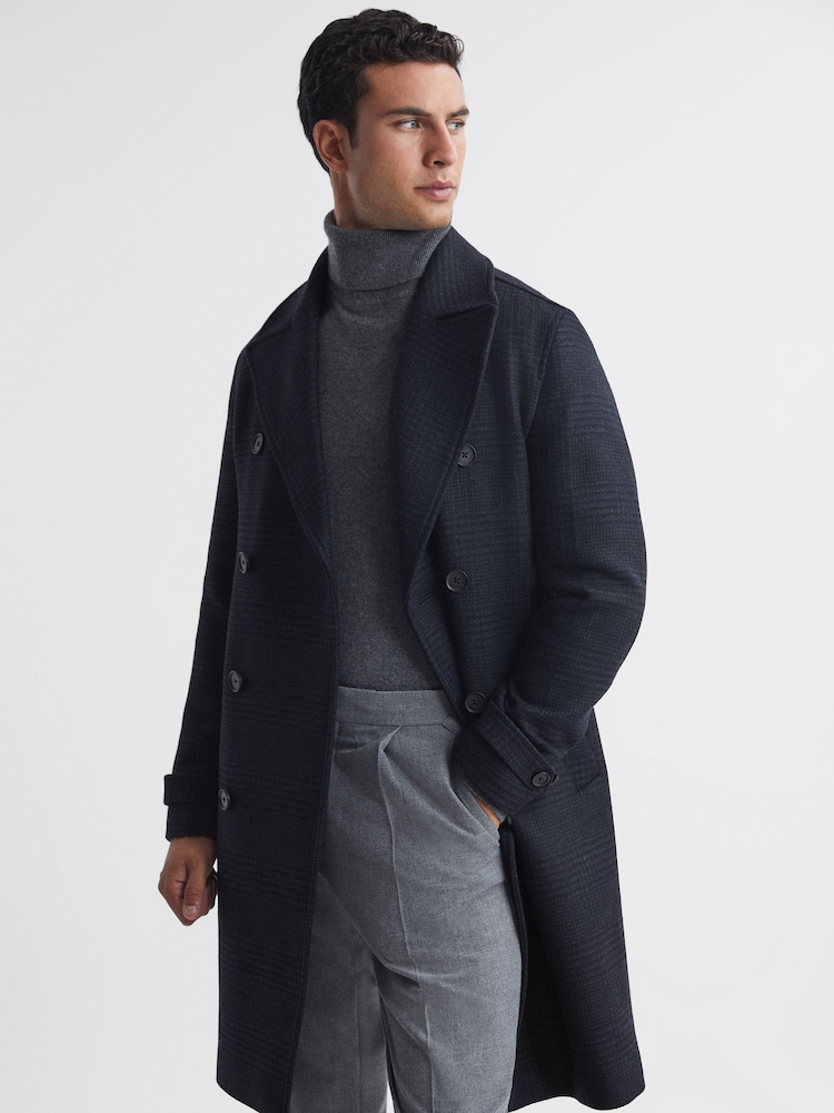 Reiss Navy Attention Wool Check Double Breasted Coat - Image 1 of 5