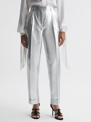 Reiss Silver Sierra Tapered Metallic Trousers with Turn-Ups - Image 1 of 5