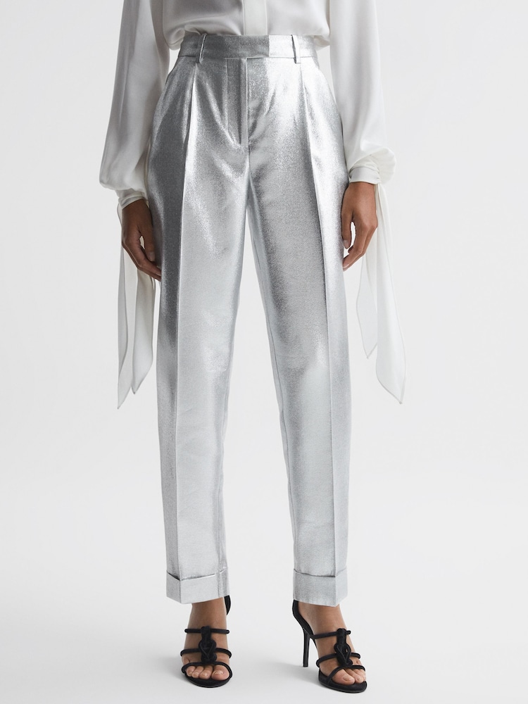 Reiss Silver Sierra Tapered Metallic Trousers with Turn-Ups - Image 1 of 5