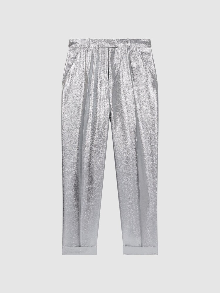 Reiss Silver Sierra Tapered Metallic Trousers with Turn-Ups - Image 2 of 5 Reiss Silver Sierra Tapered Metallic Trousers with Turn-Ups - Image 2 of 5