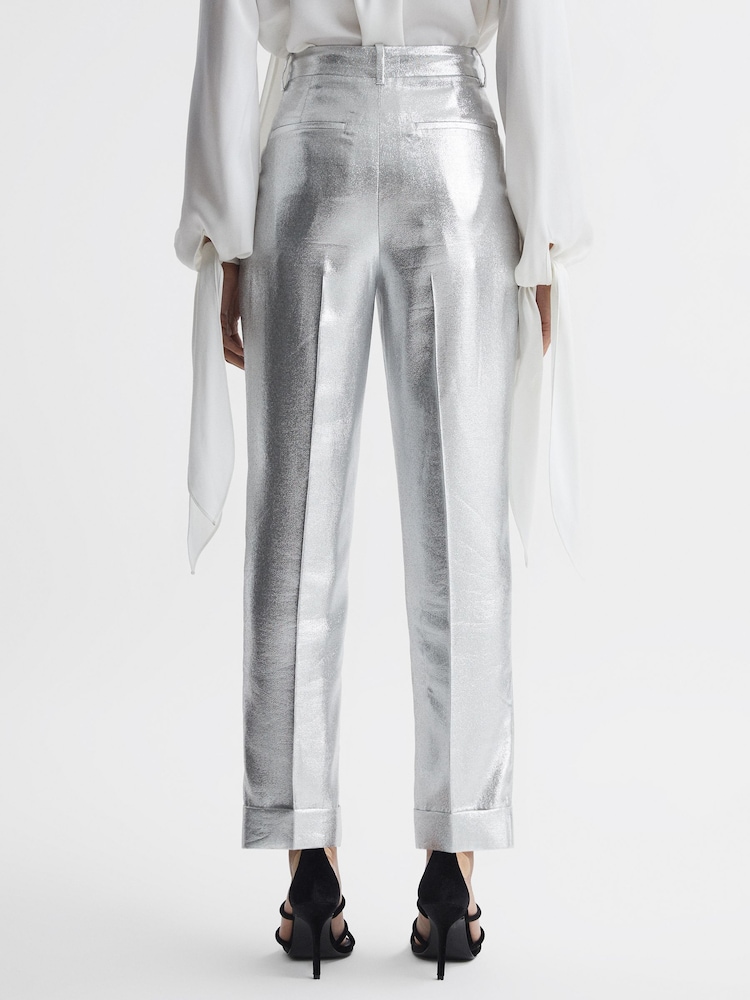 Reiss Silver Sierra Tapered Metallic Trousers with Turn-Ups - Image 5 of 5
