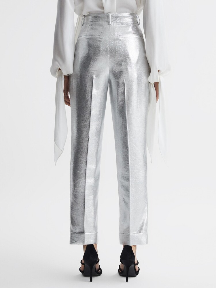 Reiss Silver Sierra Tapered Metallic Trousers with Turn-Ups - Image 5 of 5 Reiss Silver Sierra Tapered Metallic Trousers with Turn-Ups - Image 5 of 5