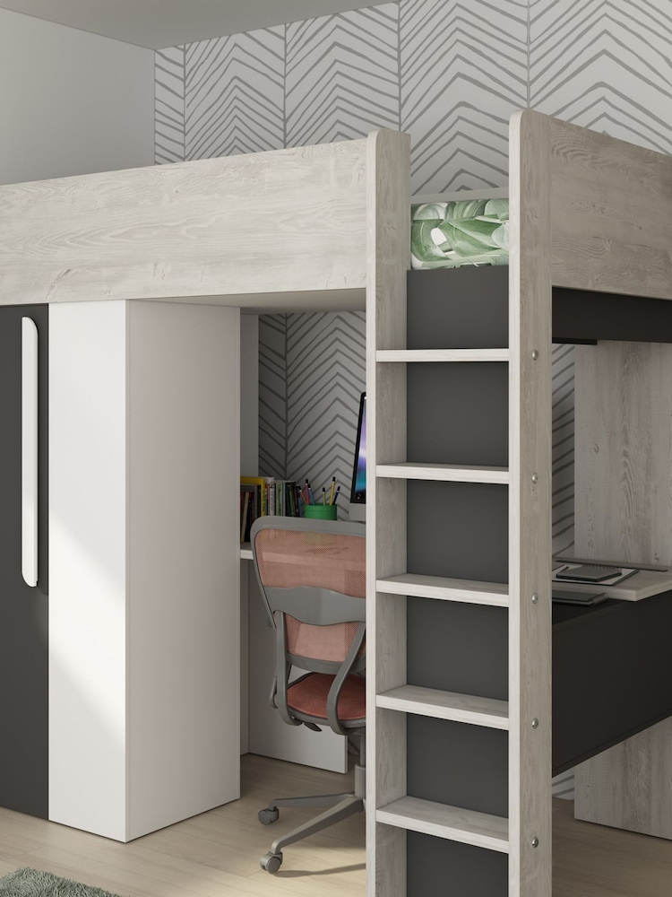 Trasman Grey Kids Montblanc High Sleeper With Desk, Shelf And Wardrobe - Image 2 of 4