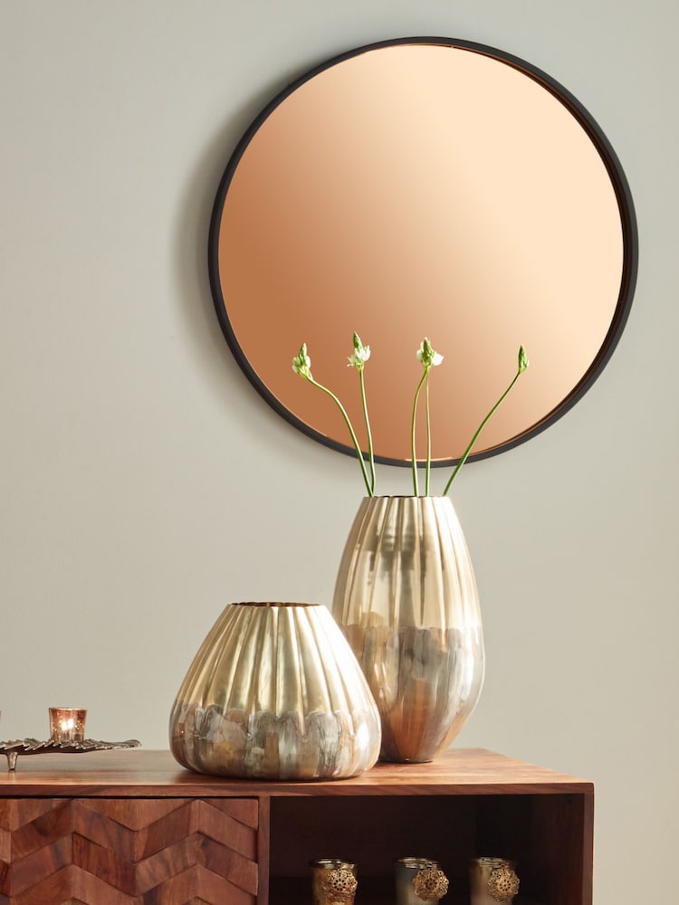 Pacific Black Matt Black Wood Round Mirror With Copper Glass Wall Mirror - Image 1 of 2