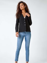 Roman Black Stretch Button Detail Blazer - Image 3 of 6
