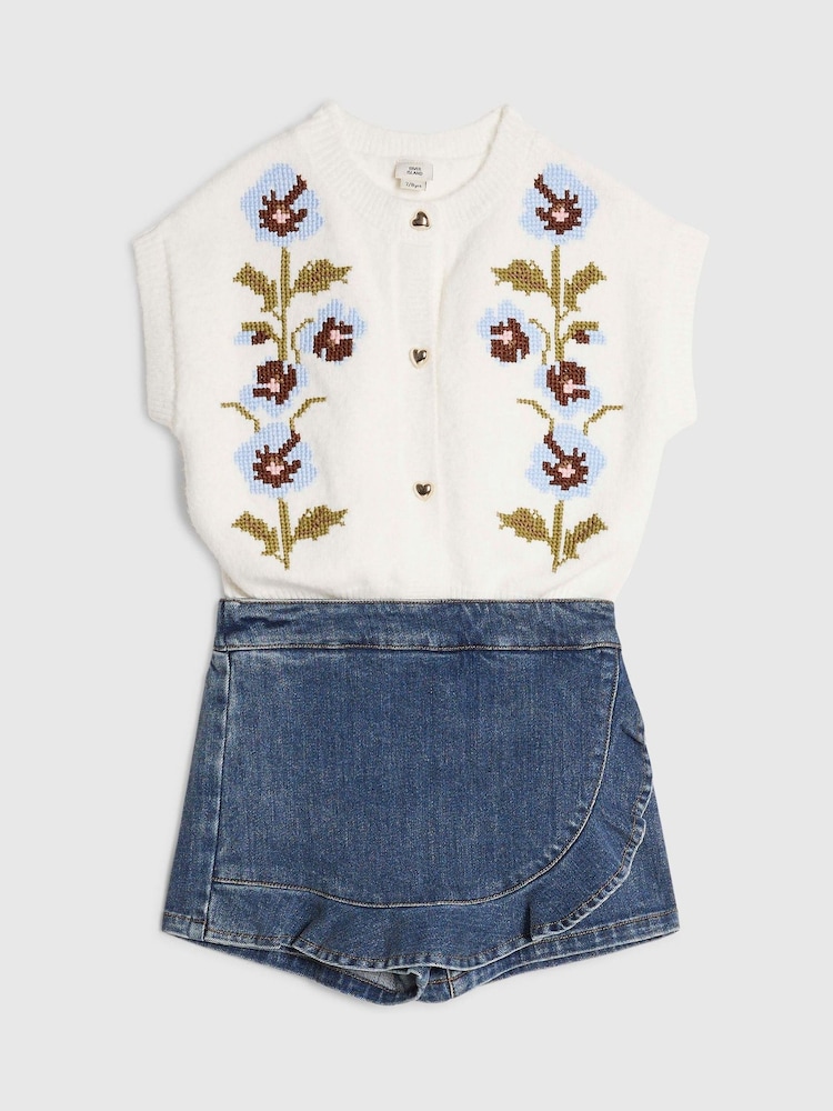 River Island White Knitted Flower Cardigan & Skort Set - Image 2 of 5 River Island White Knitted Flower Cardigan & Skort Set - Image 2 of 5