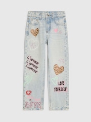 River Island Blue Light Wash Leopard Heart Straight Fit Jeans - Image 1 of 4