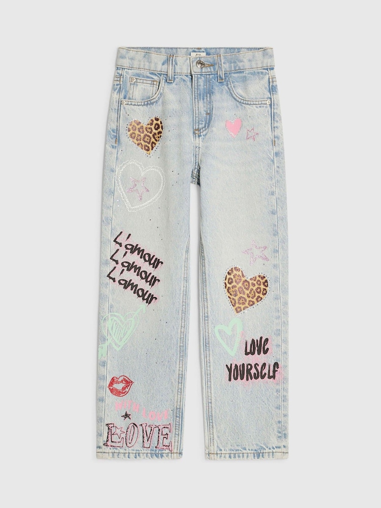 River Island Blue Light Wash Leopard Heart Straight Fit Jeans - Image 1 of 4