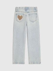 River Island Blue Light Wash Leopard Heart Straight Fit Jeans - Image 2 of 4