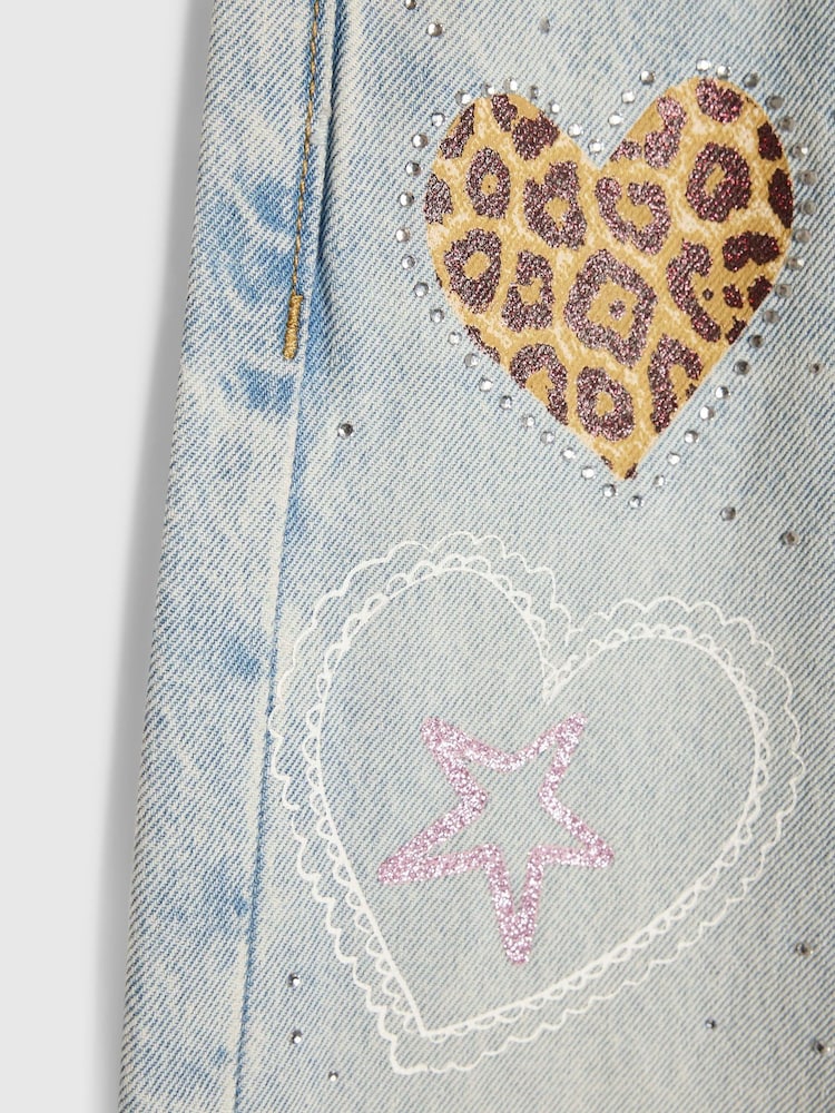 River Island Blue Light Wash Leopard Heart Straight Fit Jeans - Image 4 of 4