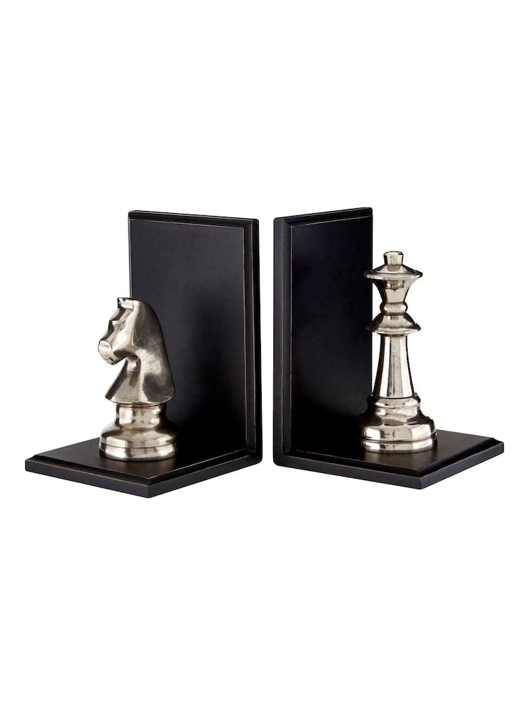 Fifty Five South Set of 2 Black Silver Kensington Townhouse Chess Piece Bookends - Image 1 of 1 Fifty Five South Set of 2 Black Silver Kensington Townhouse Chess Piece Bookends - Image 1 of 1