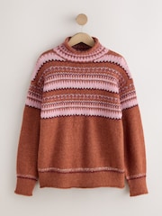 Brown/Pink Fairisle Long Sleeve Standneck Knit Jumper With Wool - Image 1 of 3