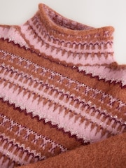 Brown/Pink Fairisle Long Sleeve Standneck Knit Jumper With Wool - Image 2 of 3