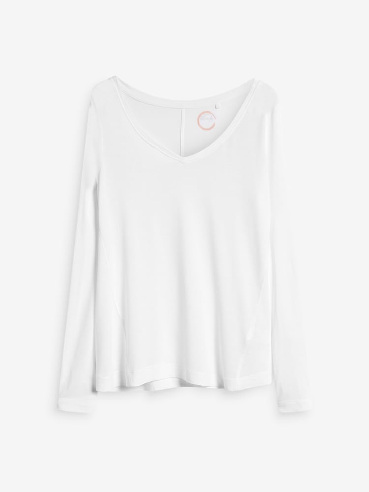 Weiß - Bedrucktes, legeres, langärmeliges T-Shirt mit V-Ausschnitt - Bild 5 von 5 Weiß - Bedrucktes, legeres, langärmeliges T-Shirt mit V-Ausschnitt - Bild 5 von 5