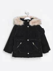 River Island Black Mini Girls Padded Velvet Jacket With Hood - Image 1 of 4