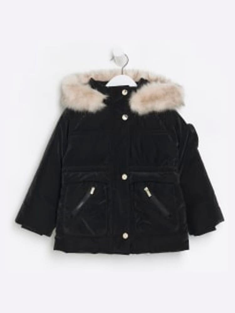 River Island Black Mini Girls Padded Velvet Jacket With Hood - Image 1 of 4