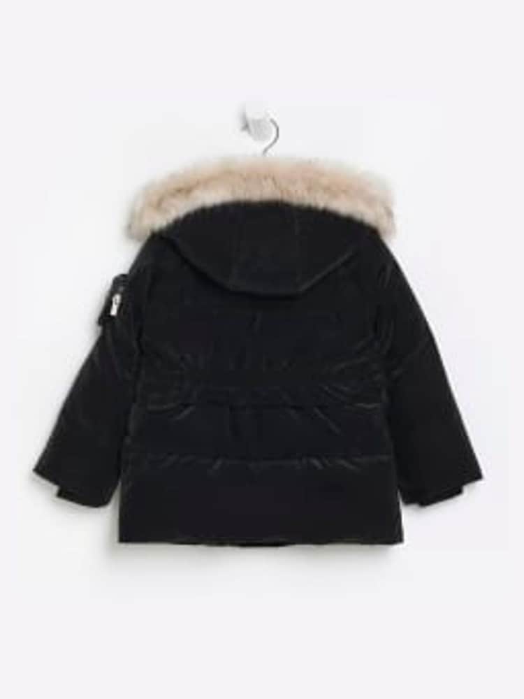River Island Black Mini Girls Padded Velvet Jacket With Hood - Image 2 of 4