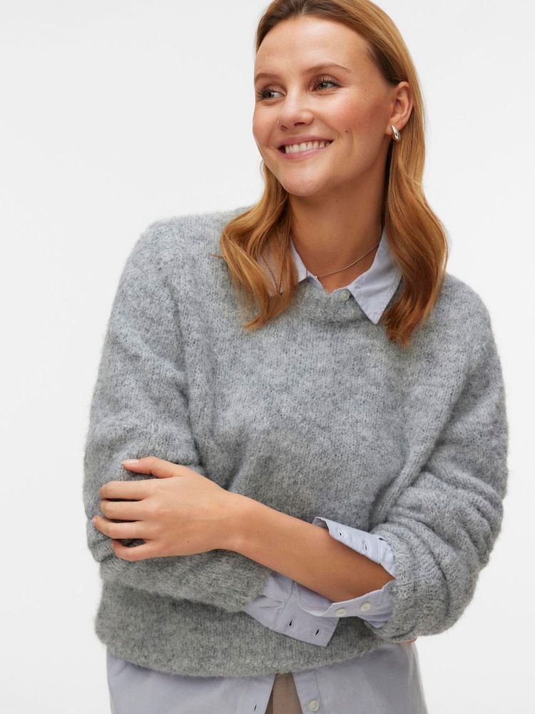 VERO MODA Grey Round Neck Cosy Knitted Jumper - Image 1 of 5 VERO MODA Grey Round Neck Cosy Knitted Jumper - Image 1 of 5