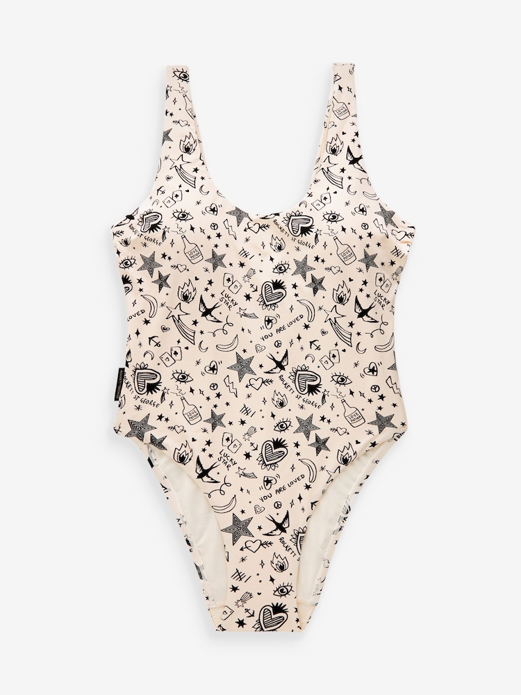 Rockett St George Ecru Cream Line Drawing Print High Leg Swimsuit - Image 6 of 6
