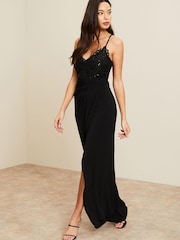 Lipsy Black Petite Applique Lace Cami Maxi Dress - Image 3 of 4