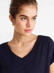 Azul marino - Camiseta de algodón 100 % con cuello en pico y mangas casquillo - Imagen 4 de 6
