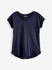 Azul marino - Camiseta de algodón 100 % con cuello en pico y mangas casquillo - Imagen 5 de 6