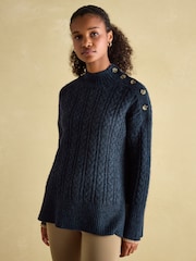 Joules Betsy Navy Button Shoulder Cable Jumper - Image 1 of 6