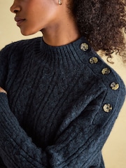 Joules Betsy Navy Button Shoulder Cable Jumper - Image 4 of 6