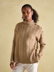 Joules Betsy Camel Button Shoulder Cable Jumper - Image 1 of 6