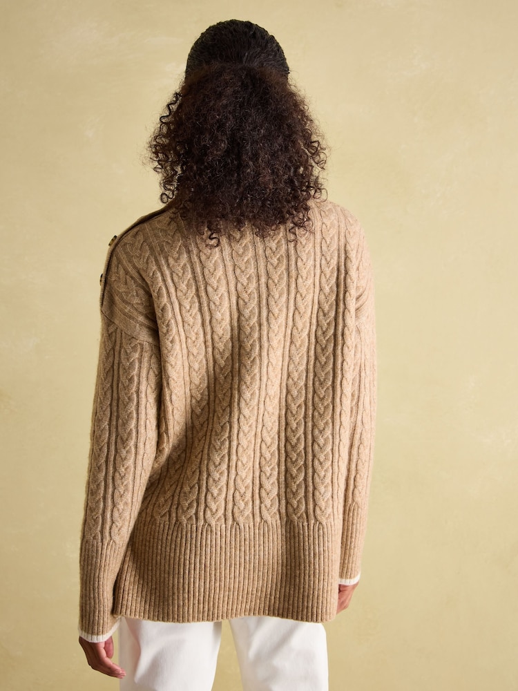 Joules Betsy Camel Button Shoulder Cable Jumper - Image 2 of 6