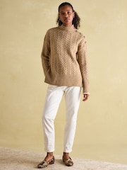 Joules Betsy Camel Button Shoulder Cable Jumper - Image 4 of 6