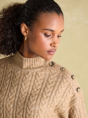 Joules Betsy Camel Button Shoulder Cable Jumper - Image 5 of 6