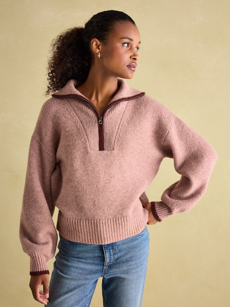 Joules Elmore Pink Knitted Quarter Zip Jumper - Image 1 of 7 Joules Elmore Pink Knitted Quarter Zip Jumper - Image 1 of 7