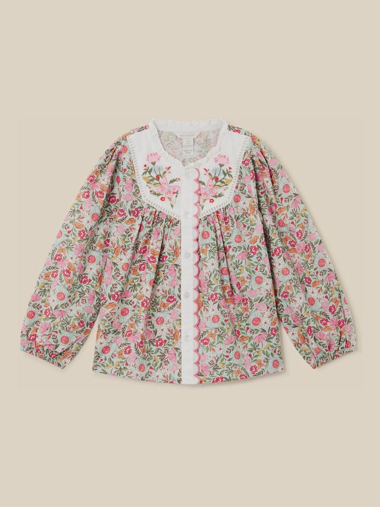 Monsoon Green Floral Print Scallop Cotton Blouse - Image 1 of 2 Monsoon Green Floral Print Scallop Cotton Blouse - Image 1 of 2