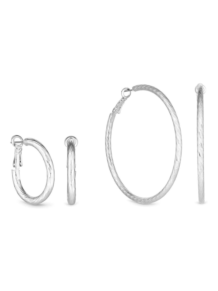 Lipsy Jewellery Silver Tone Diamond Cut Hoops Earrings Packs of 2 - Image 1 of 5 Lipsy Jewellery Silver Tone Diamond Cut Hoops Earrings Packs of 2 - Image 1 of 5