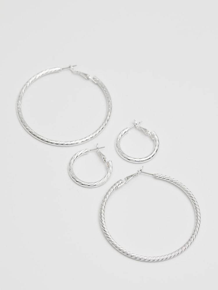 Lipsy Jewellery Silver Tone Diamond Cut Hoops Earrings Packs of 2 - Image 2 of 5