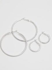 Lipsy Jewellery Silver Tone Diamond Cut Hoops Earrings Packs of 2 - Image 3 of 5