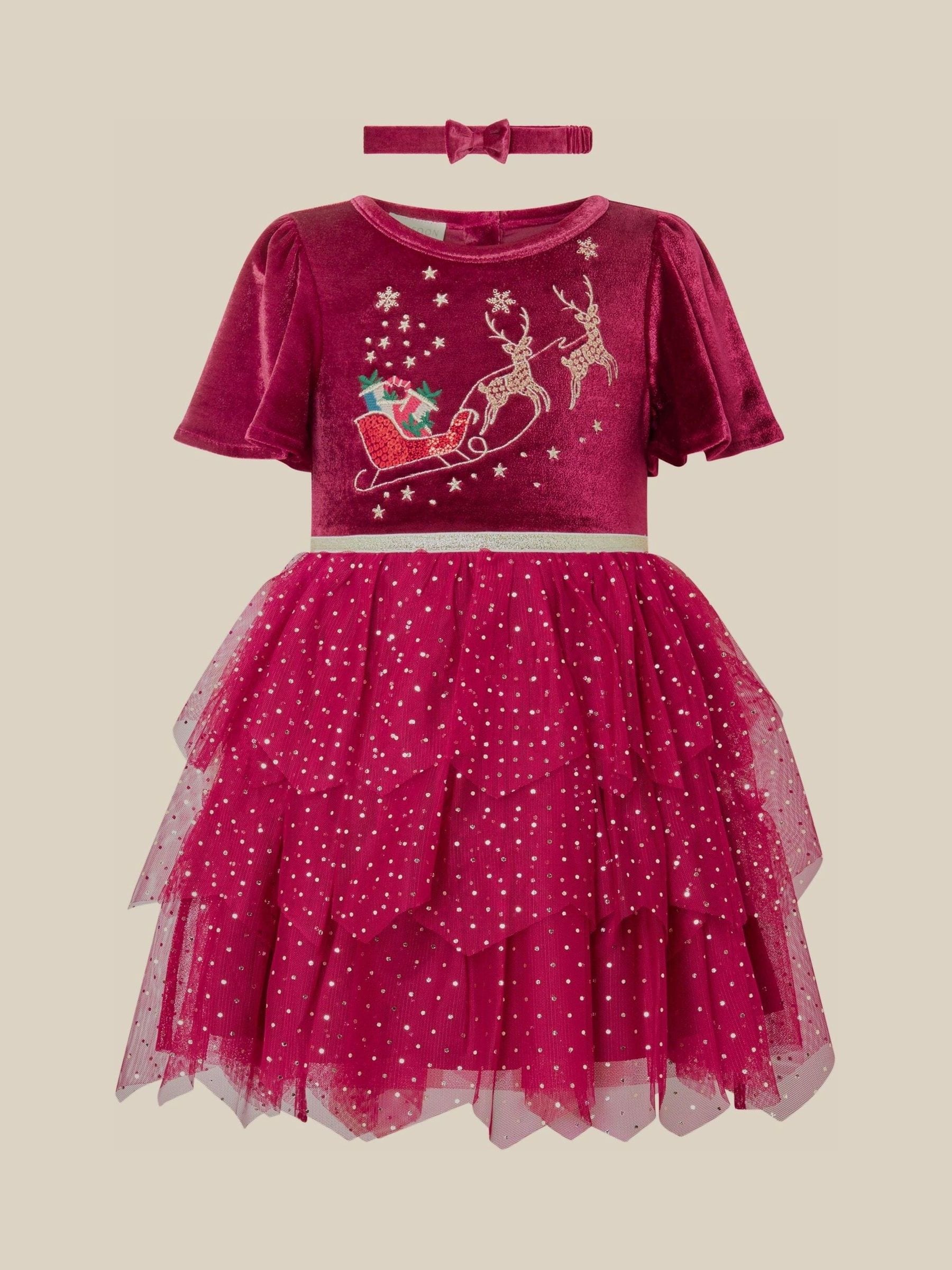 Monsoon Red Baby Christmas Reindeer Mesh Dress & Headband Set view 1
