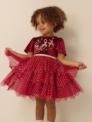 Monsoon Red Baby Christmas Reindeer Mesh Dress & Headband Set - Image 3 of 5