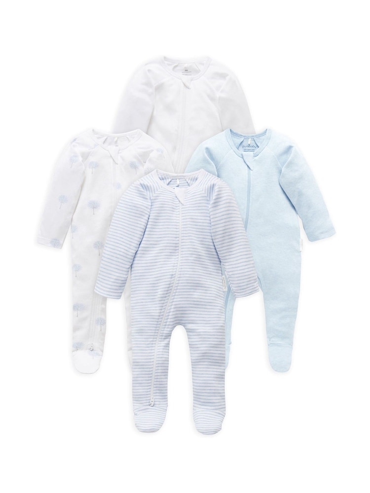 Purebaby Blue Zip 100% Cotton Sleepsuits 4 Pack - Image 2 of 3 Purebaby Blue Zip 100% Cotton Sleepsuits 4 Pack - Image 2 of 3