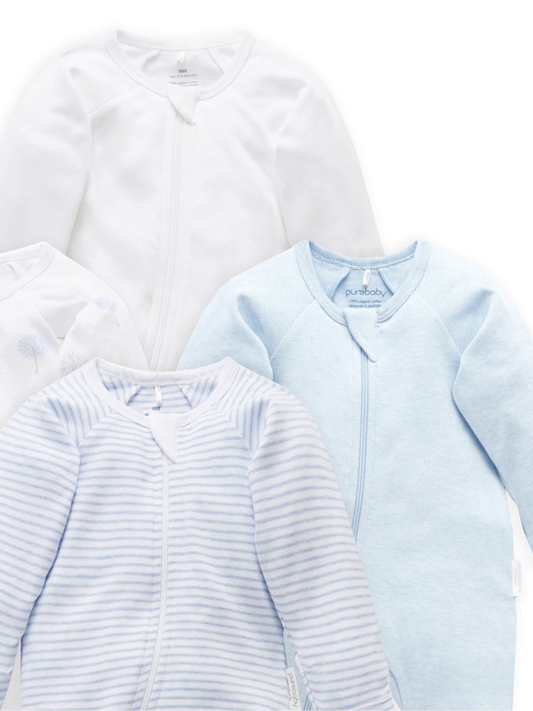 Purebaby Blue Zip 100% Cotton Sleepsuits 4 Pack - Image 3 of 3