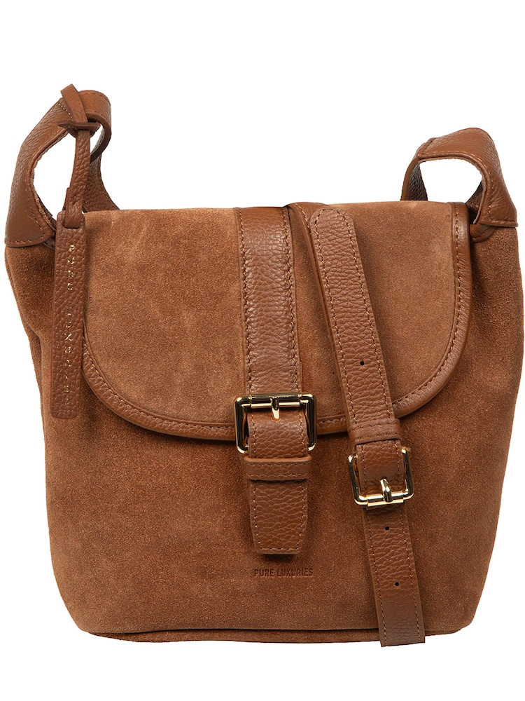 Pure Luxuries London Brown 'Aveline' Suede and Leather Cross Body Bag - Image 1 of 7 Pure Luxuries London Brown 'Aveline' Suede and Leather Cross Body Bag - Image 1 of 7