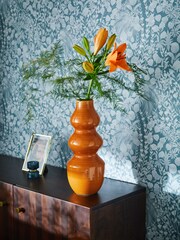 Orange Wiggle Crackle Glaze Ceramic Large Vase - Image 1 of 5