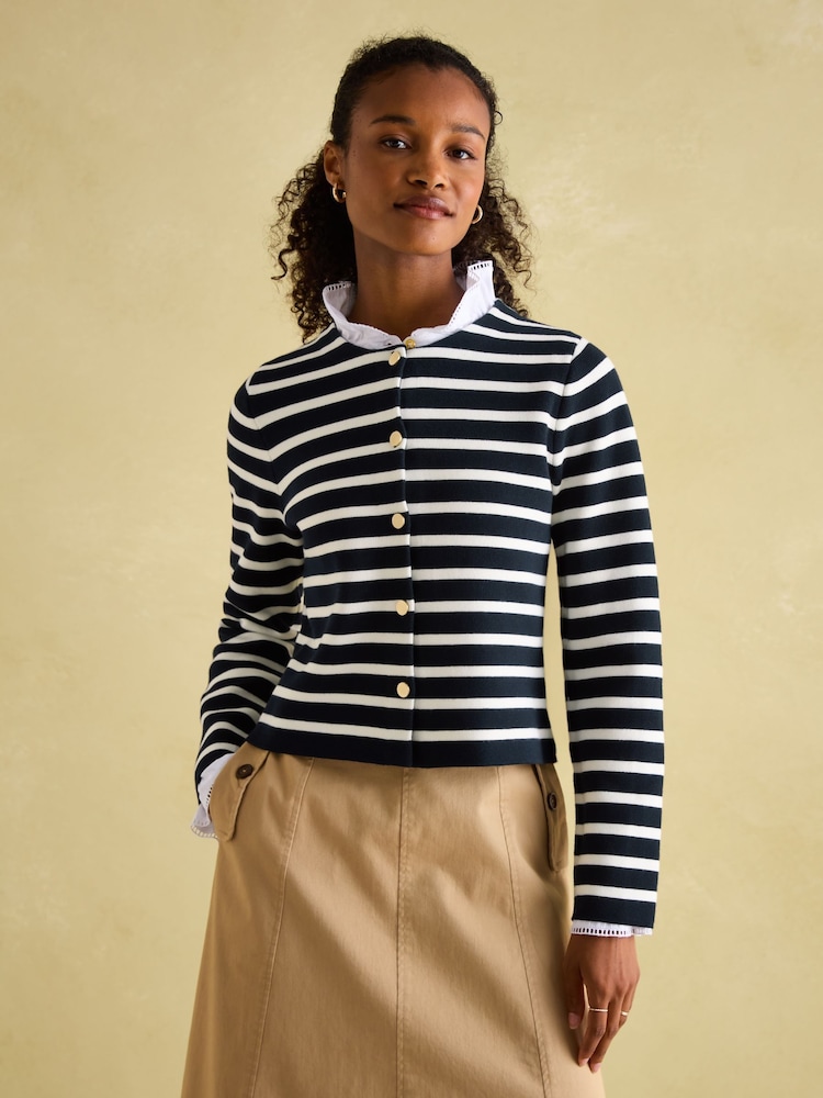 Joules Constance Navy & White Striped Cotton Cardigan - Image 1 of 6 Joules Constance Navy & White Striped Cotton Cardigan - Image 1 of 6