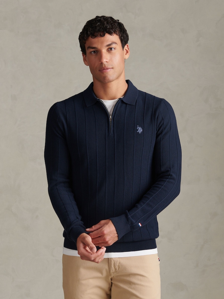 U.S. Polo Assn Navy Blue Long Sleeve Zip Knit Polo Shirt - Image 1 of 8 U.S. Polo Assn Navy Blue Long Sleeve Zip Knit Polo Shirt - Image 1 of 8